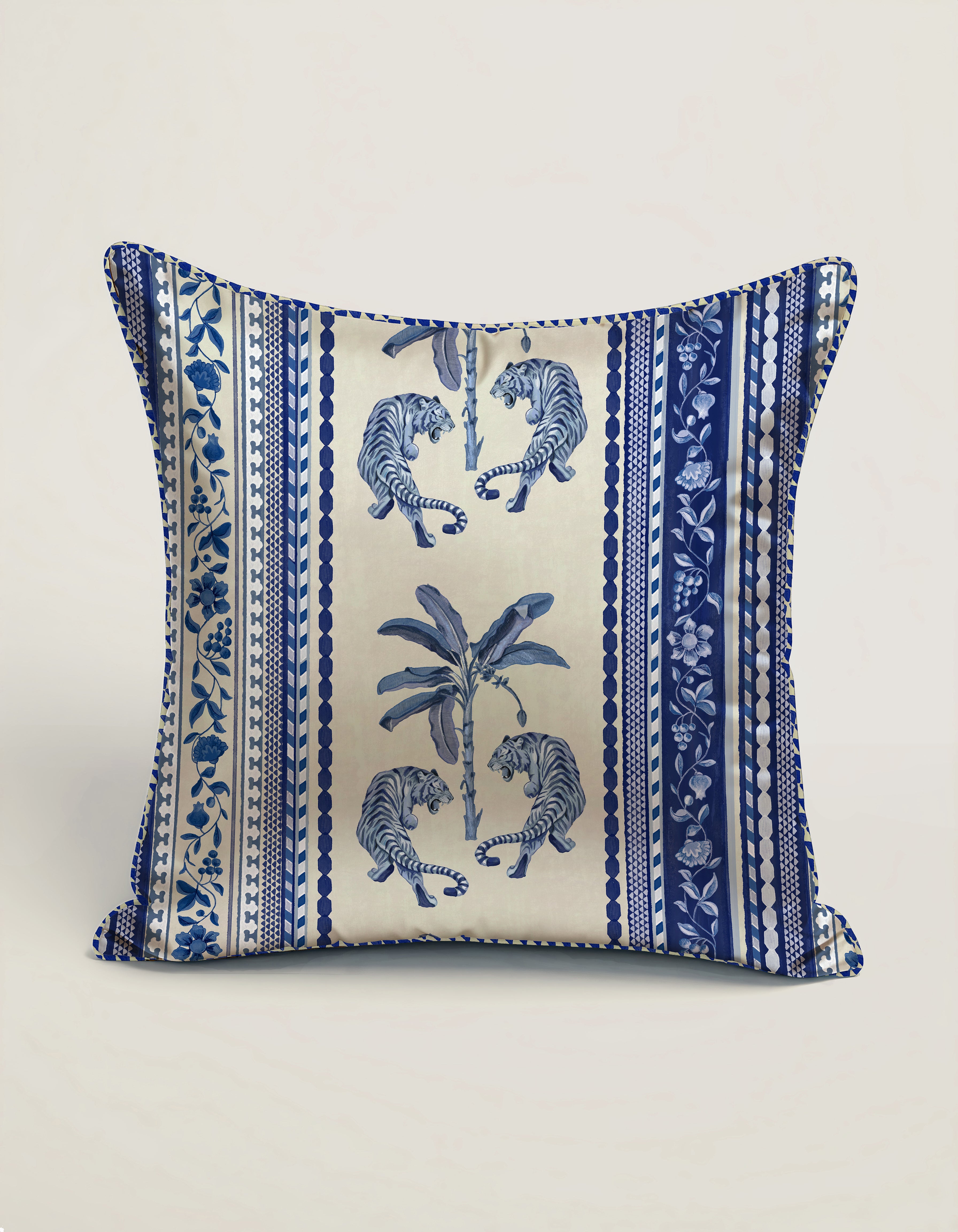 18 x 18 inches Decorative pillow with blue tiger and palm tree pattern on a beige background.