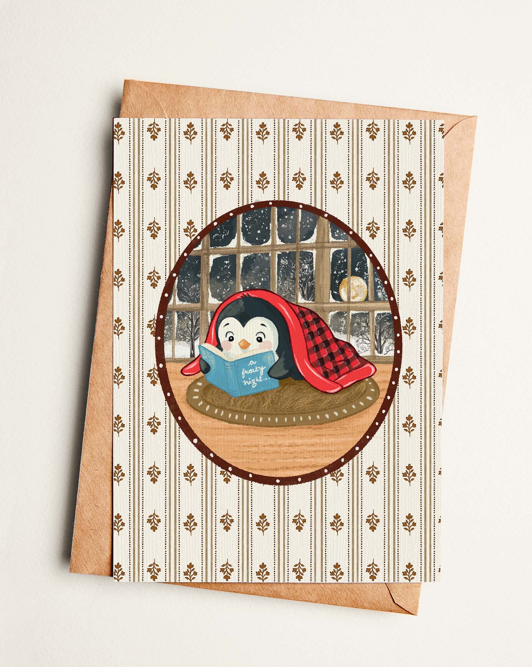Greeting card with a penguin design on a decorative background