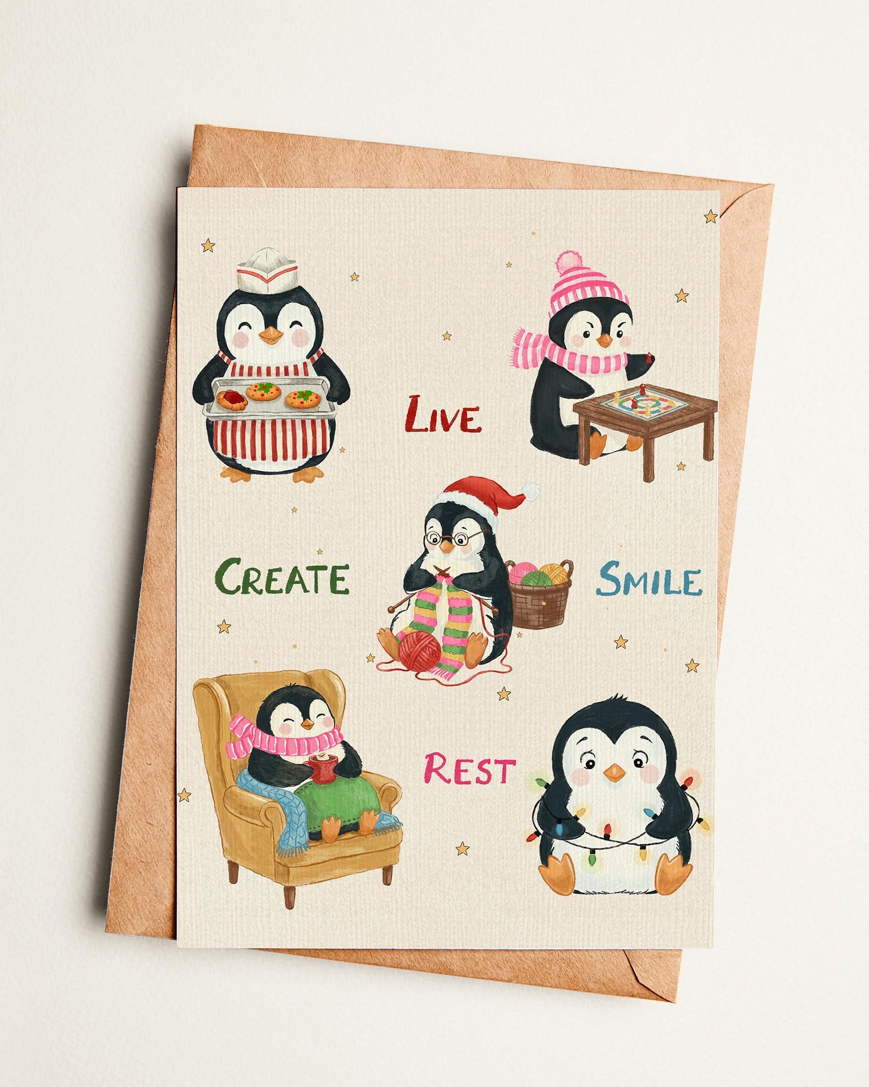 Greeting card with penguin illustrations and motivational phrases on a beige background