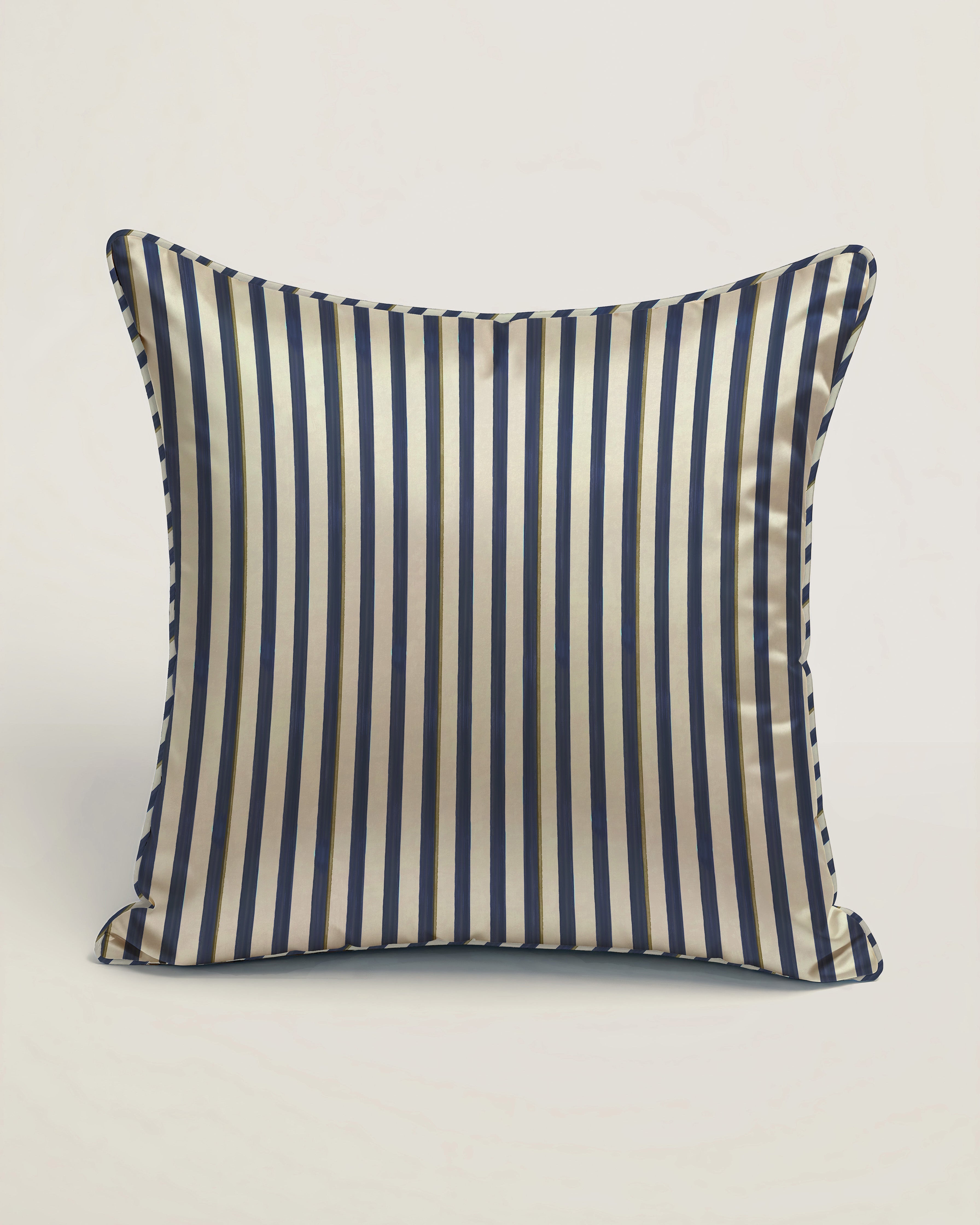 Striped cushion covert back with blue and white pattern on a off white background