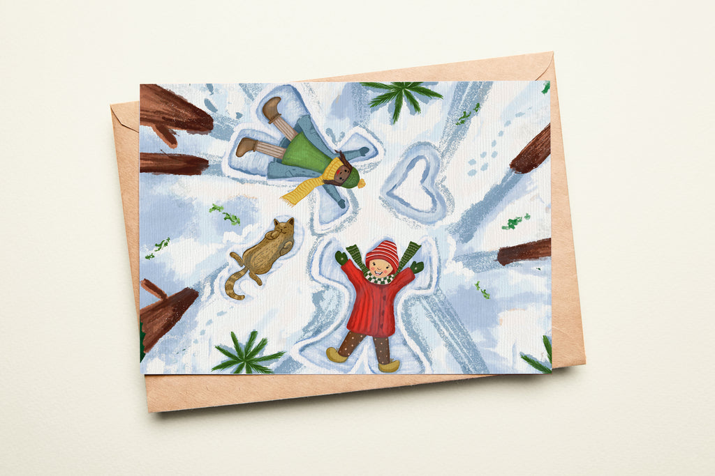 Postcard with winter scene illustration on a snowy background