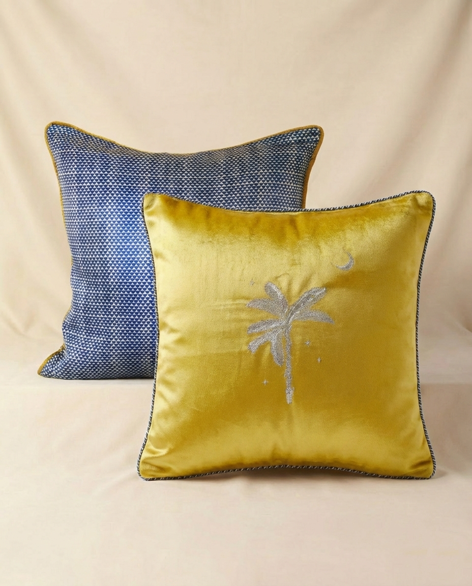 Two decorative pillows, one blue and one yellow with a palm tree design, on a beige background.