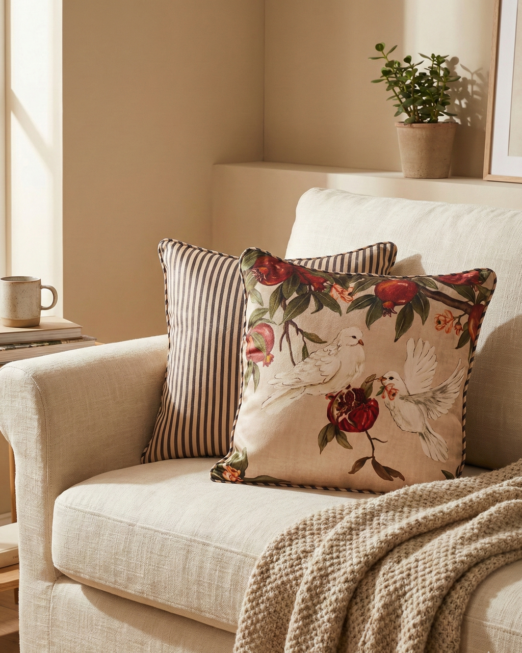 Cozy living room with a beige sofa adorned with floral-patterned cushions and a blanket.
