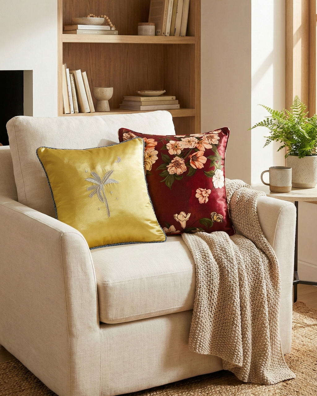 Beige armchair with decorative pillows and a bookshelf in a cozy living room.