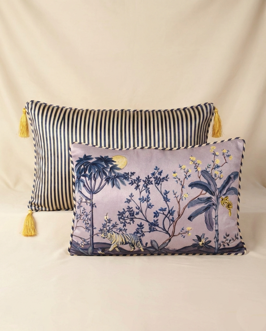 Moonlit Jungle & Stripe Mashru Cushion Covers - Set of 2