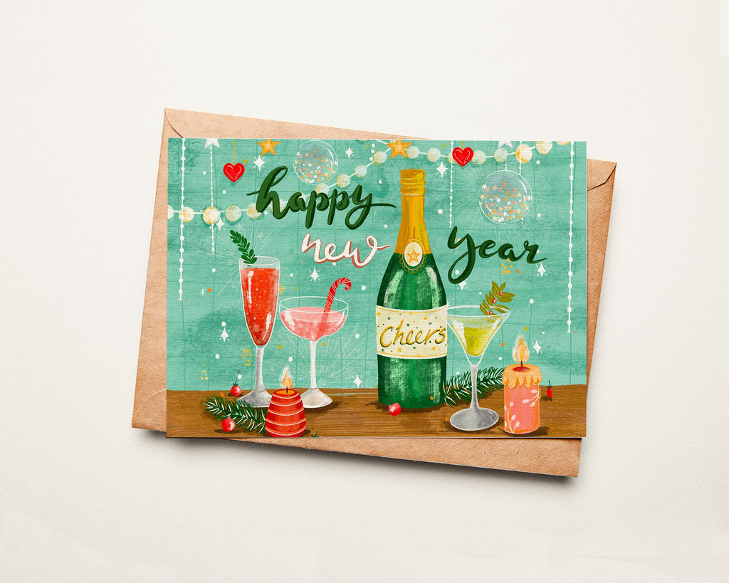 New Year's card with champagne bottle, cocktails, and 'Happy New Year' text on a light background.