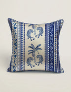 18 x 18 inches Decorative pillow with blue tiger and palm tree pattern on a beige background.