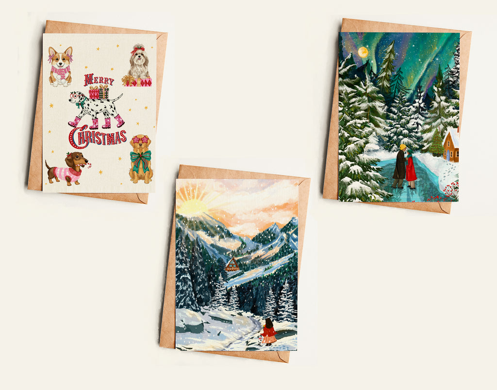 Three Christmas cards with different designs on a white background