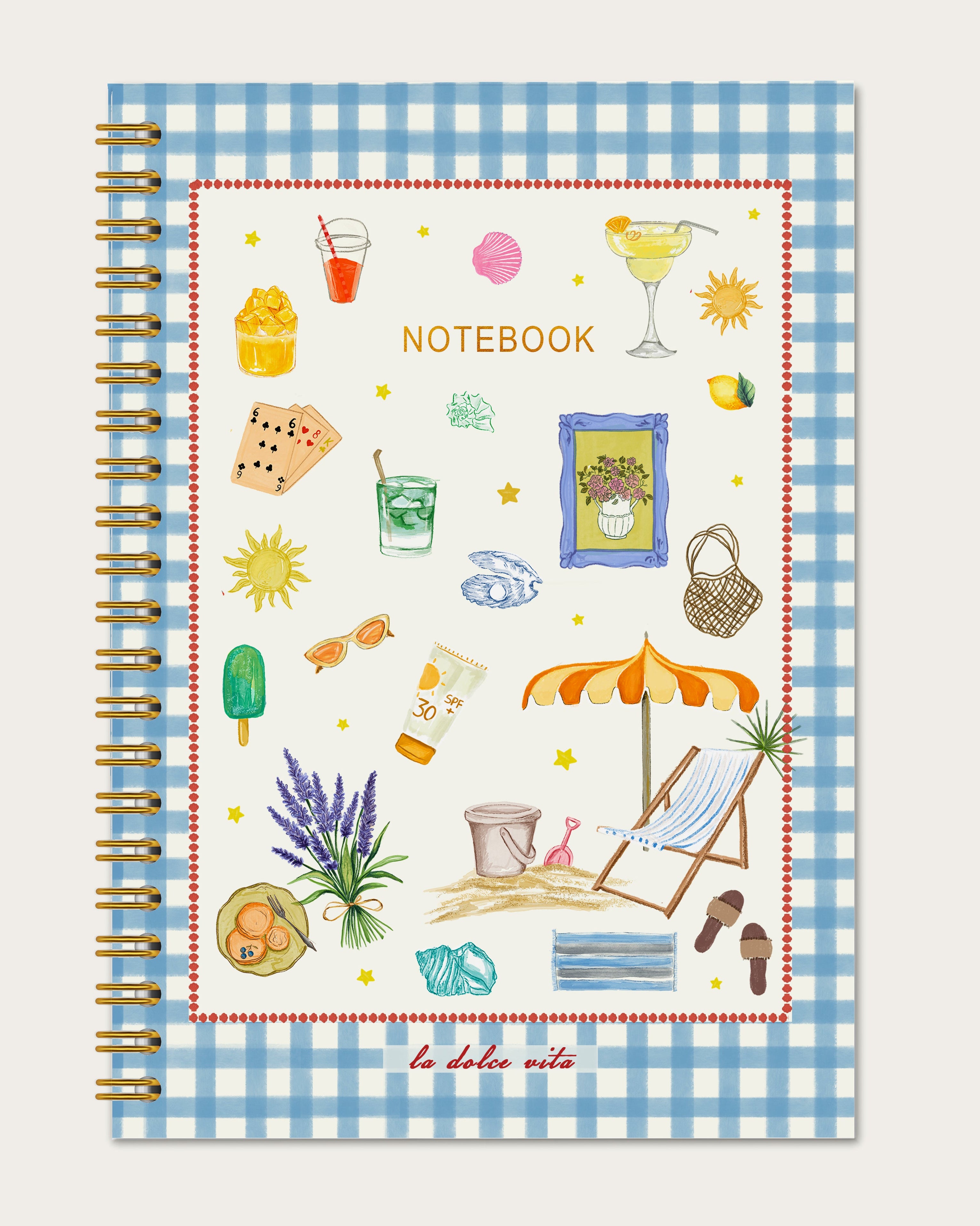 Notebook with a blue and white checkered border and summer-themed illustrations on a white background