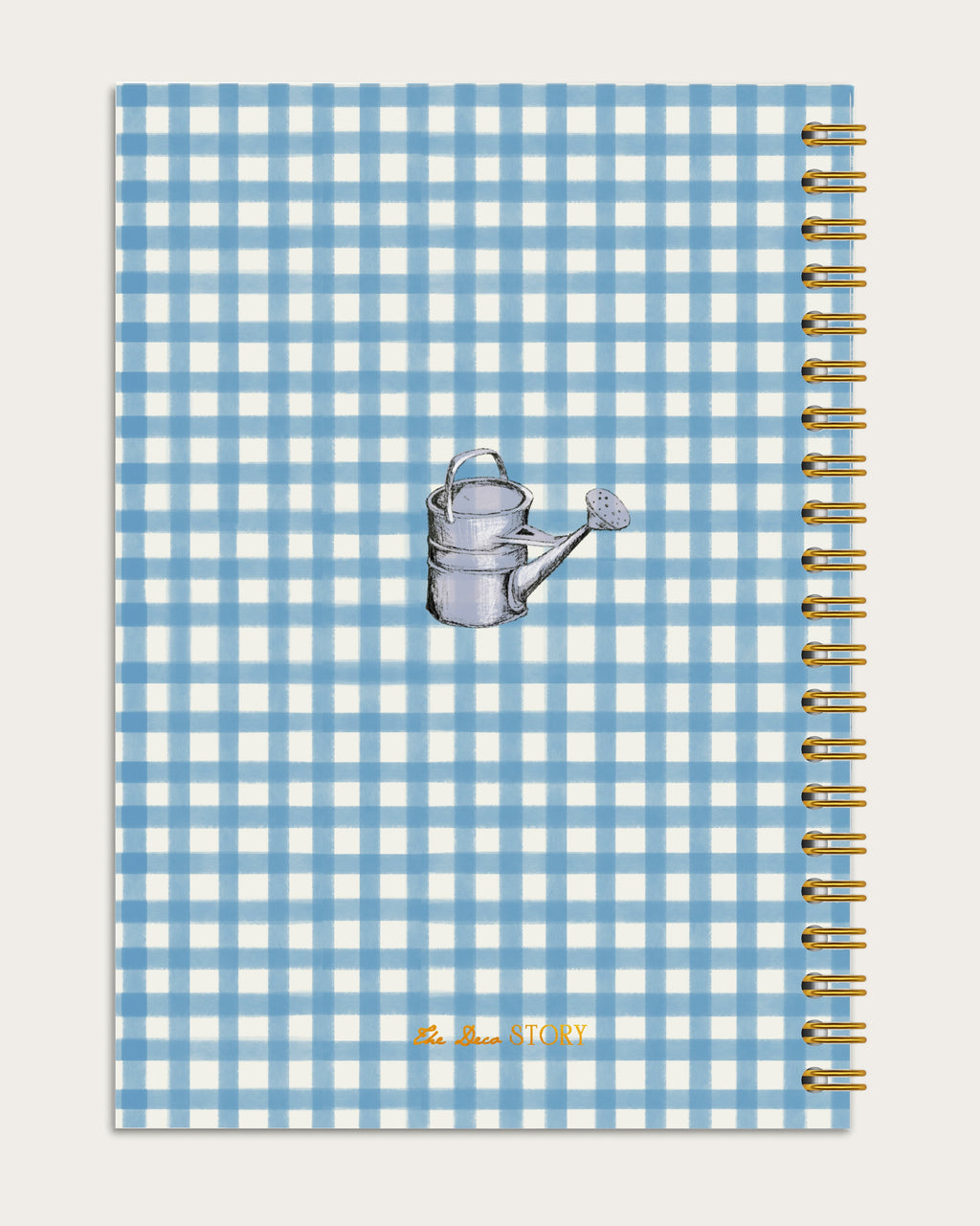 Notebook with blue and white checkered cover featuring a watering can illustration, on a light gray background.