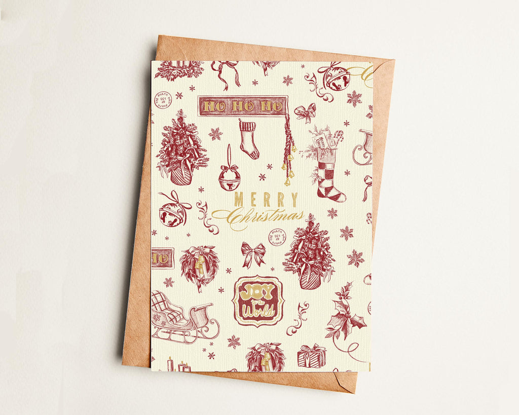 One color Christmas-themed greeting card with decorative patterns on a beige background