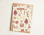 One color Christmas-themed greeting card with decorative patterns on a beige background