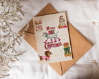 Cute Christmas card with dog illustrations on a white surface