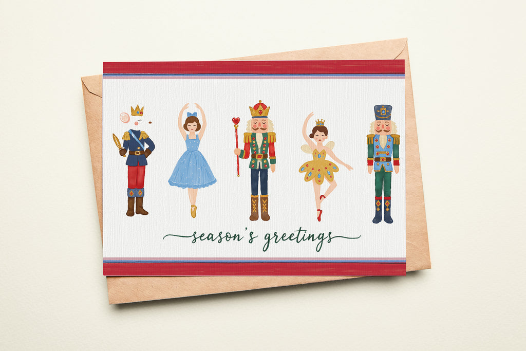 Greeting card with illustrations of characters from a Nutcracker storybook, featuring a envelope on a light beige background.