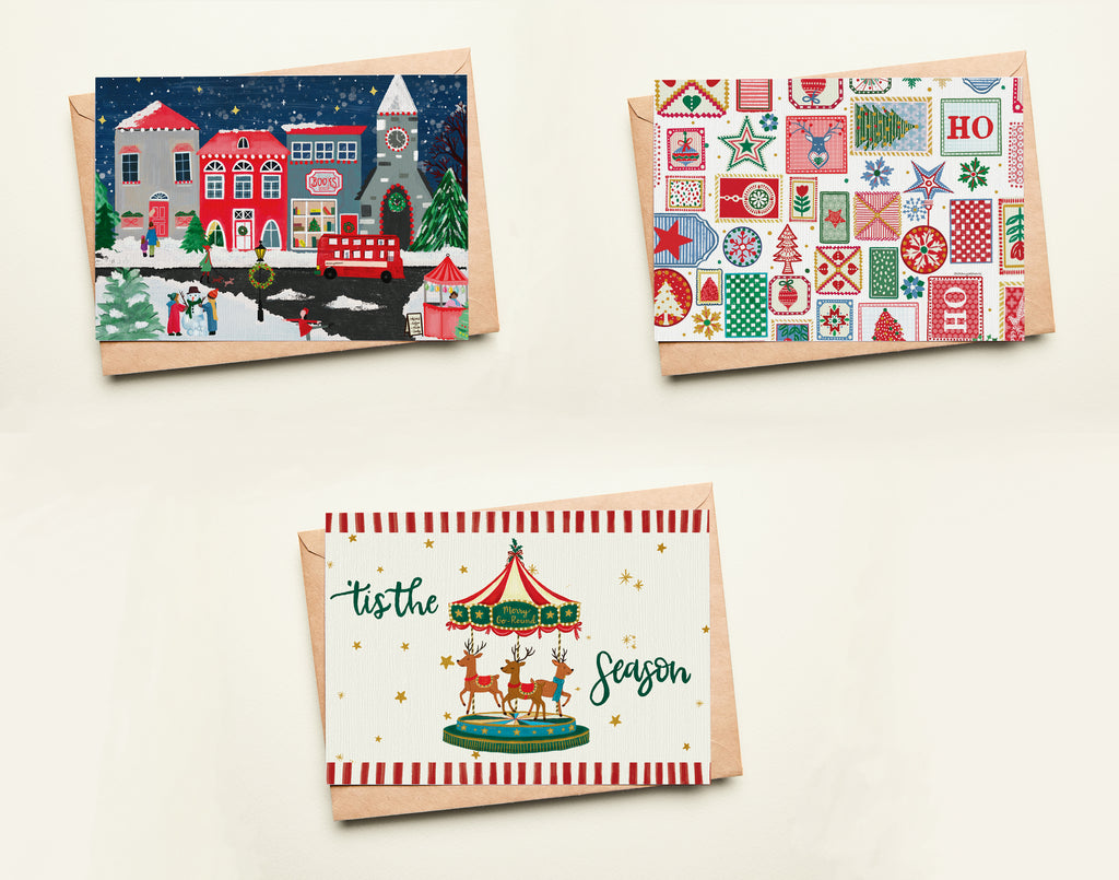 Three Christmas-themed post cards on a light beige background