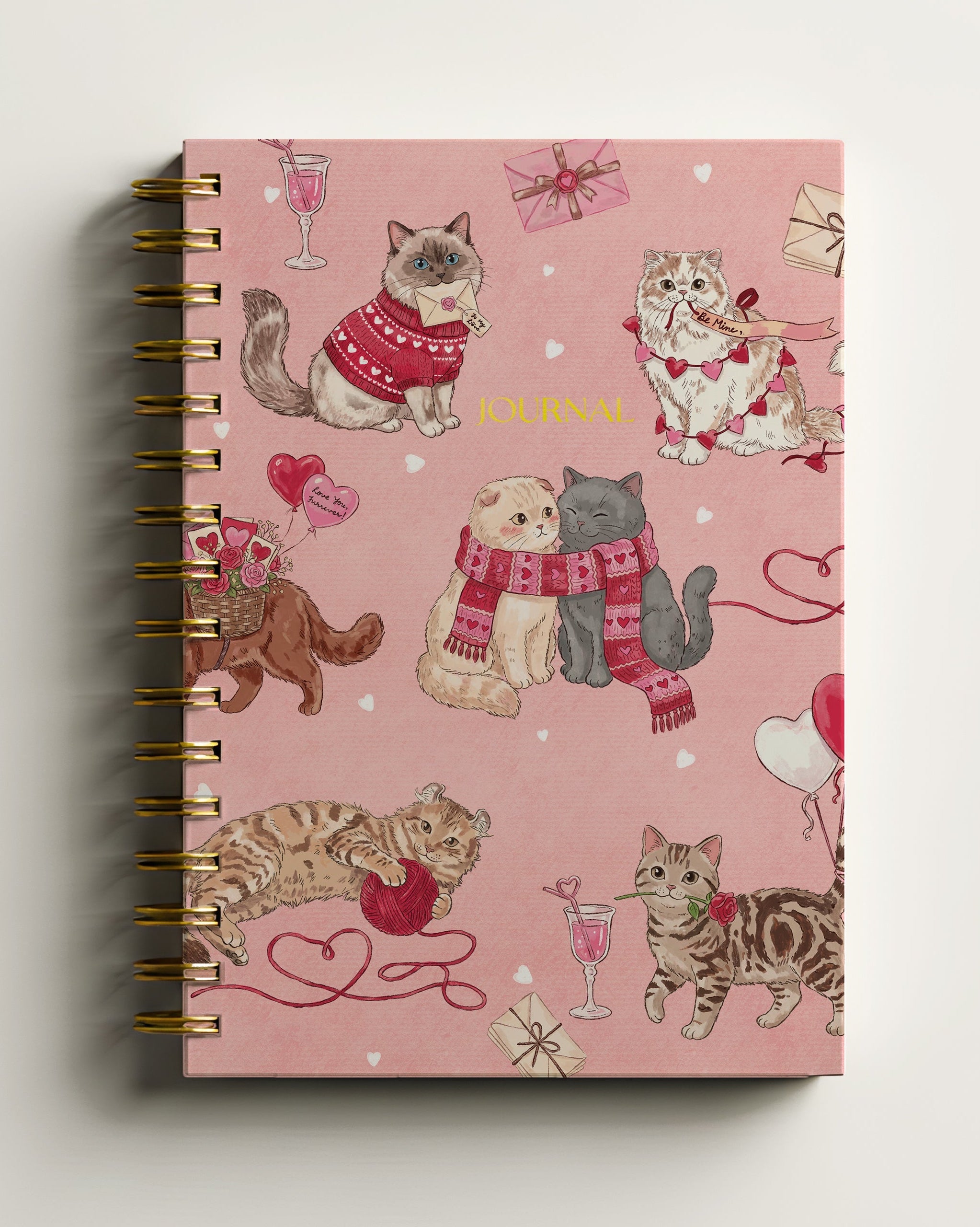 Journal with cat illustrations on a pink background