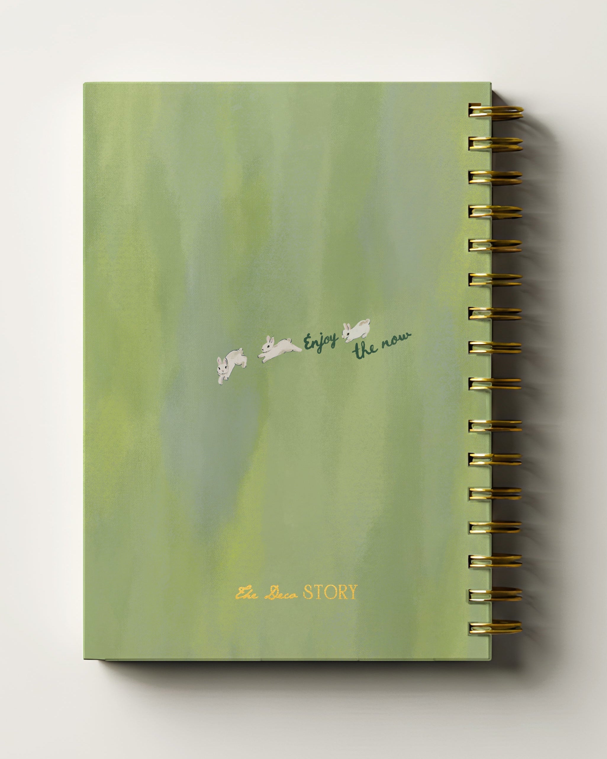 Green journal with gold spiral binding on a white background