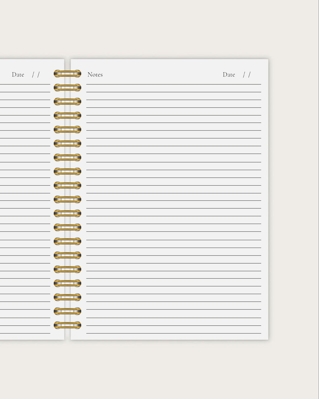 ruled notebook page with gold spiral binding on a white background