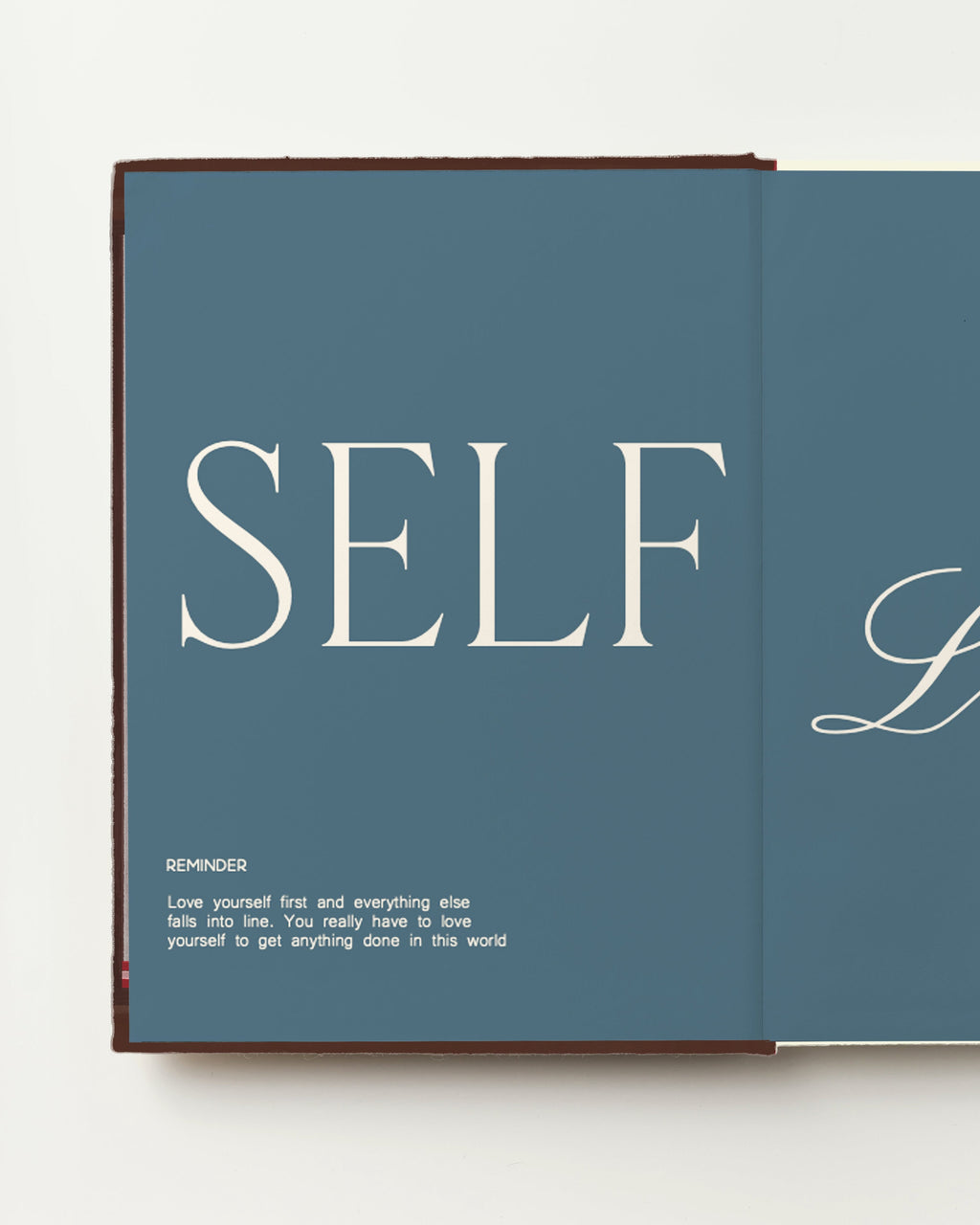 Open planner with 'SELF LOVE' on a blue background