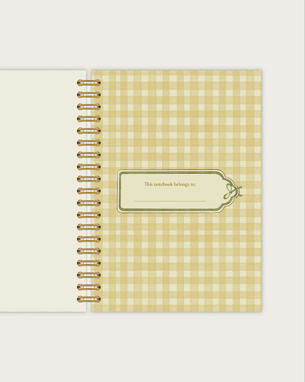 Spiral Notebook with yellow checkered cover and gold spiral binding 
